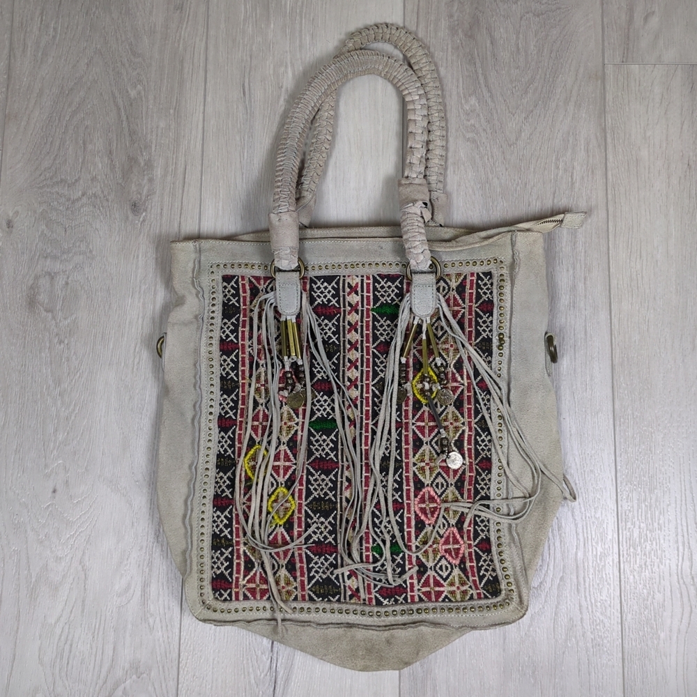 Free People Beige and Black Embroidered Tote